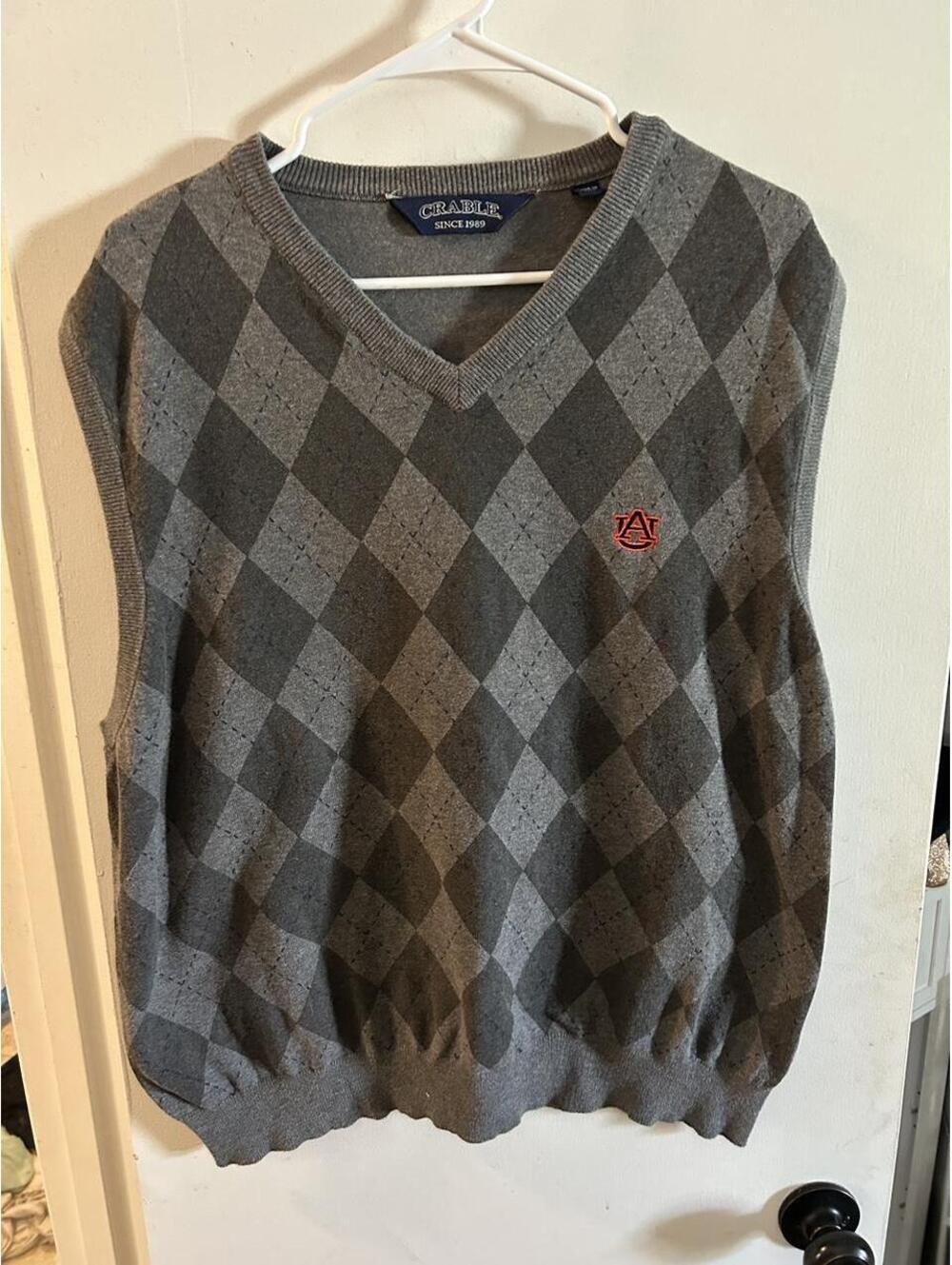 Crable Gray and black argyle sweater vest with Auburn University logo size XL